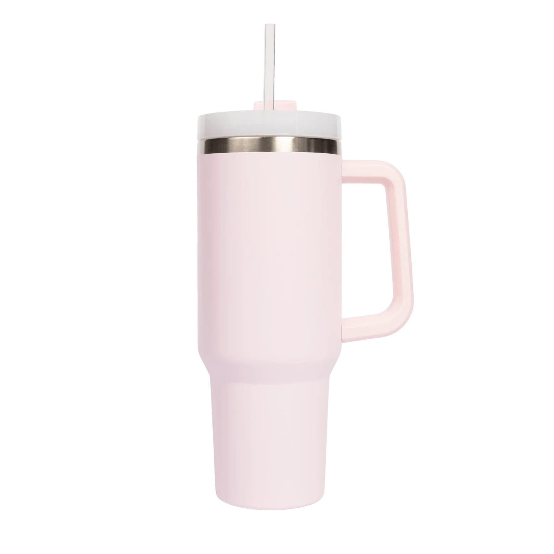 Rosafarbener Tumbler / Thermobecher von Sweet Water Decor steht vor transparentem Hintergrund.