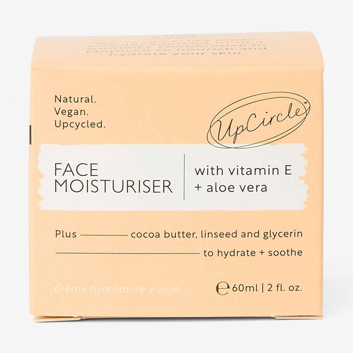 UpCircle Face Moisturiser in recycelbarer Umverpackung – Clean‑Label‑Design, zeigt Nachhaltigkeit, vegan und umweltfreundlich