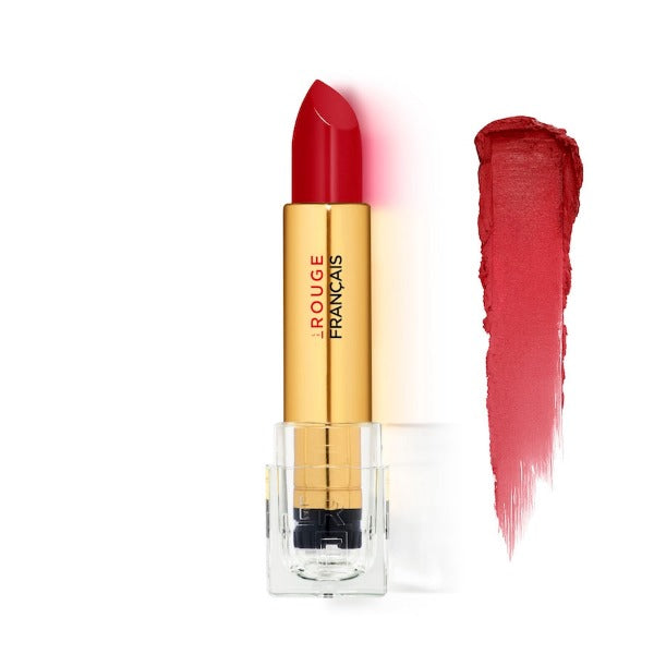 Der Lippenstift Le Rouge Tinctorial No 011 Alizarine steht offen neben einem Farbbeispiel vor weißem Hintergrund.