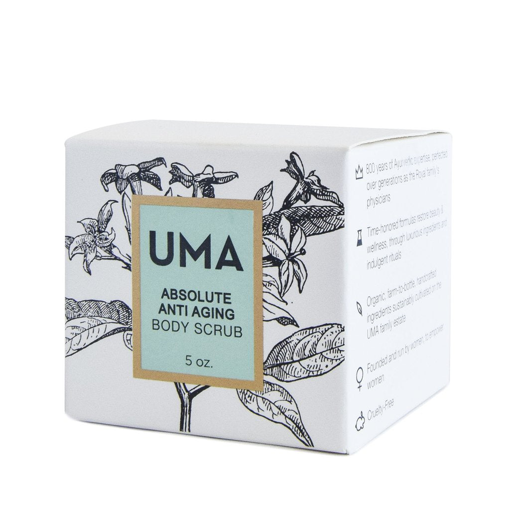 UMA Absolute Anti Aging Body Scrub Verpackung steht vor weißem Hintergrund. North Glow