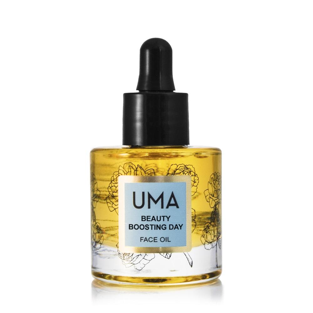 UMA Beauty Boosting Day Face Oil Pipettenflasche vor weißem Hintergrund. North Glow