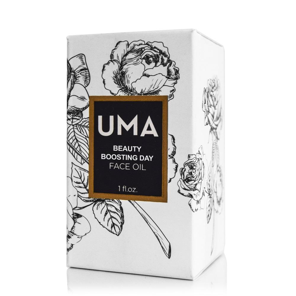 Verpackung des UMA Beauty Boosting Day Face Oils steht vor weißem Hintergrund. North Glow
