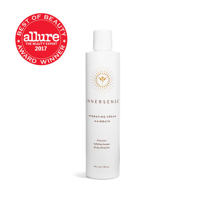 Innersense Hydrating Cream Hairbath Flasche mit Best of Beauty Award allure 2017 vor weißem Hintergrund.