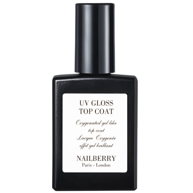 Nailberry Nagellackflasche UV Gloss Top Coat vor weißem Hintergrund.  North Glow