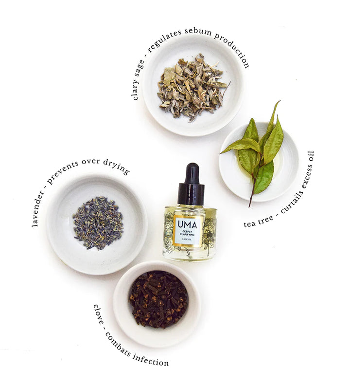 UMA Depply Clarifying Face Oil Flasche liegt zwischen Schälchen mit den verschiedenen Zutaten Lavendelblüten, Salbeiblättern, Tea Tree Blättern und Nelken.