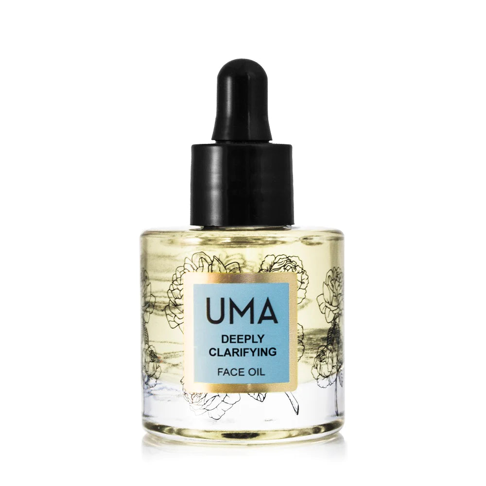 UMA Depply Clarifying Face Oil Flasche steht vor weißem Hintergrund. North Glow