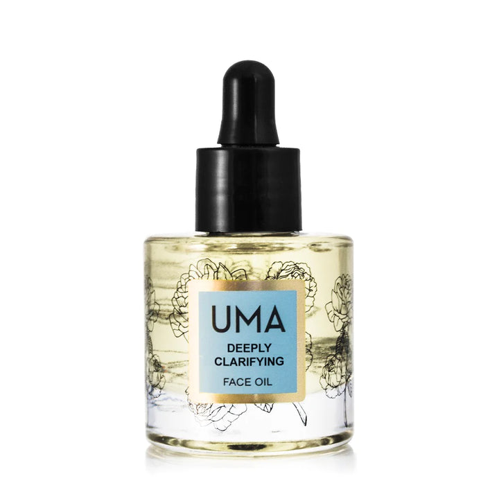 UMA Depply Clarifying Face Oil Flasche steht vor weißem Hintergrund.