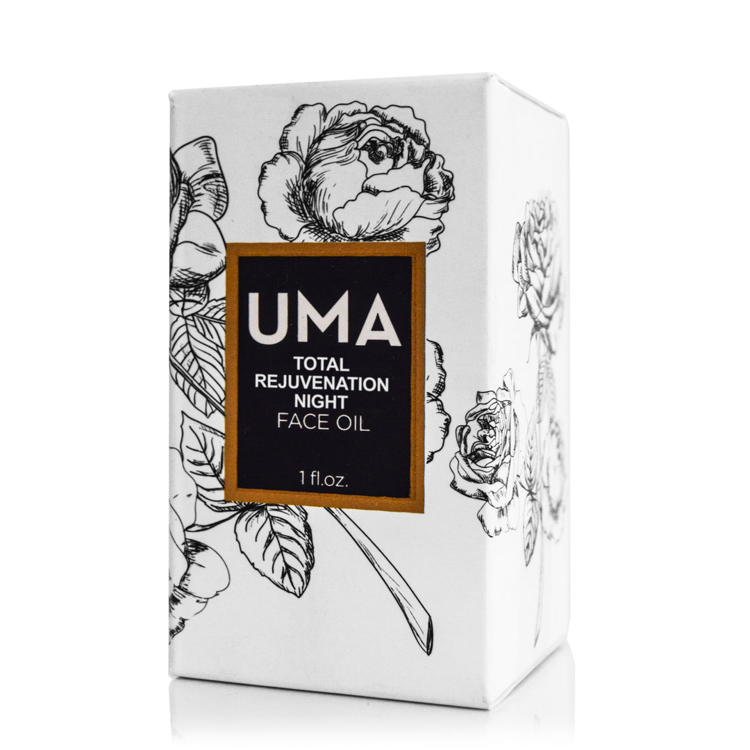 Verpackung des UMA Total Rejuvenation Face Oils steht vor weißem Hintergrund. North Glow