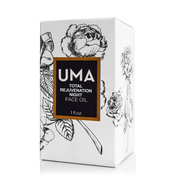 Verpackung des UMA Total Rejuvenation Face Oils steht vor weißem Hintergrund.