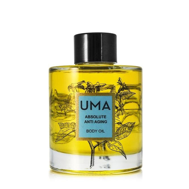 UMA Absolute Anti Aging Body Oil Flasche vor weißem Hintergrund.