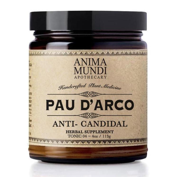 Anima Mundi Pau D'Arco Schraubverschlussglas vor weißem Hintergrund.
