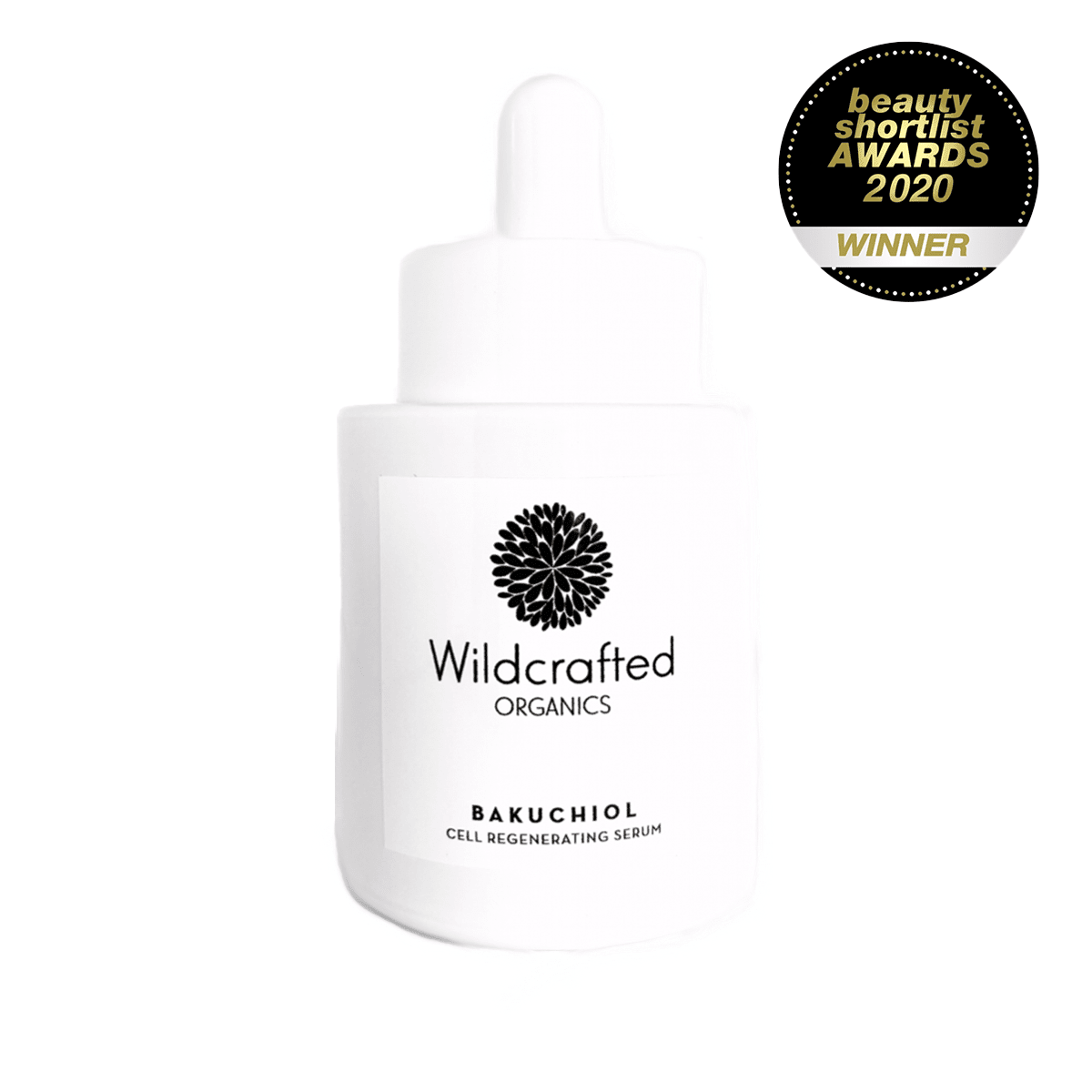 Weißer Wildcrafted Bakuchoil Cell Regenerating Serum Flakon vor weißem Hintergrund
