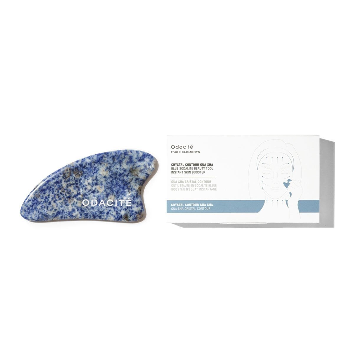 Blue Sodalite Crystal Contour Gua Sha von Odacité neben der edlen Verpackung