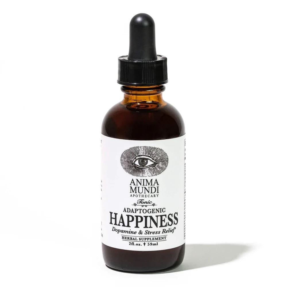 Anima Mundi Glaspipettenflasche Happiness steht vor weißem Hintergrund.