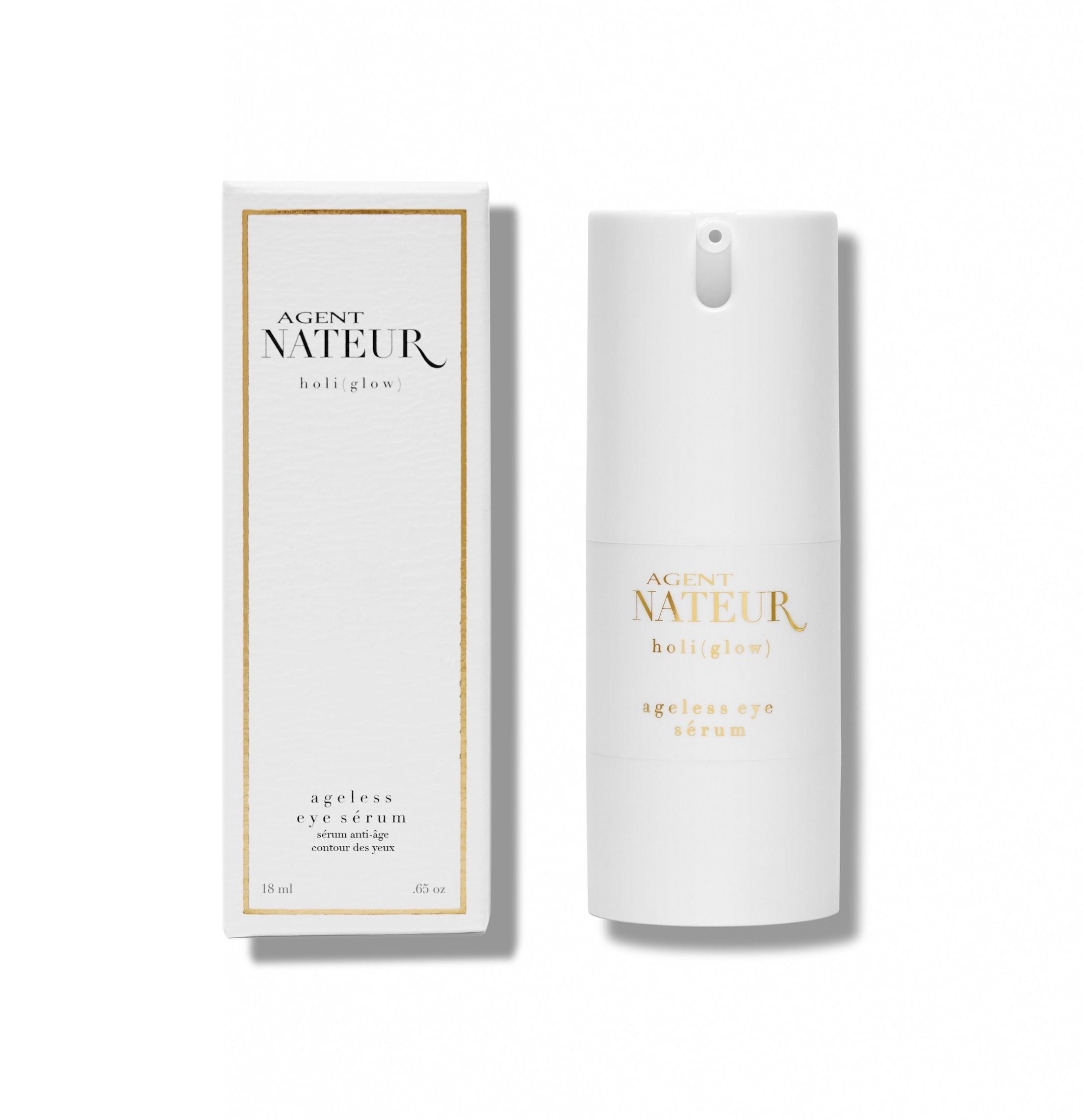Agent Nateur Holi (Glow) Eye Serum weiße Flasche und Verpackung vor weißem Hintergrund