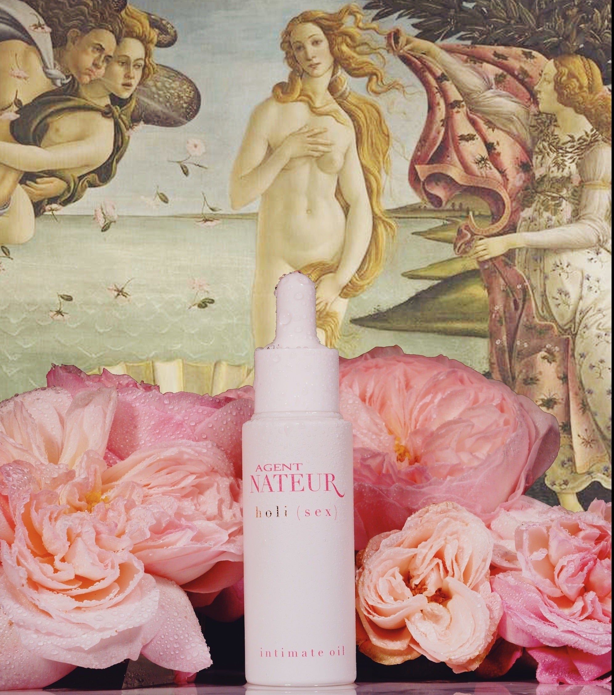 Agent Nateur Holi (Sex) Flakon mit rosa Rosen vor Boticelli Bild