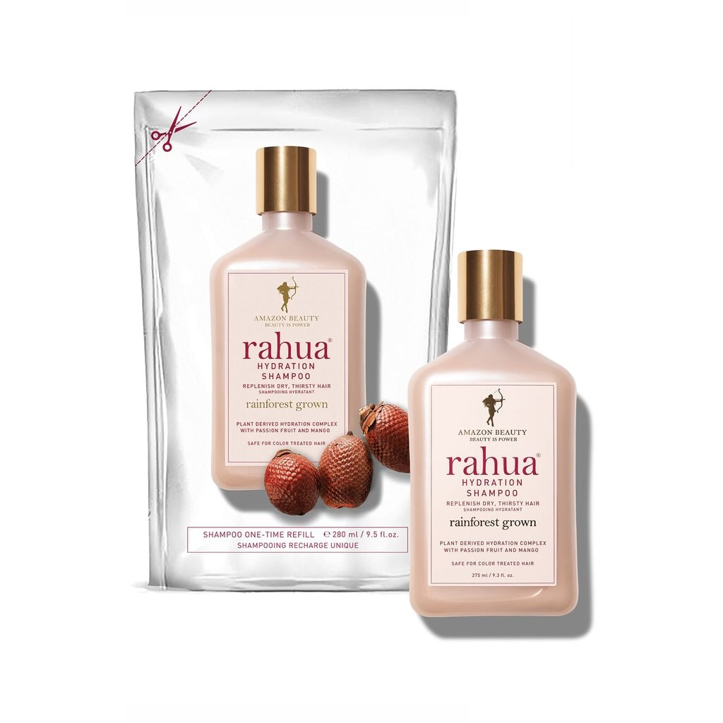 Rahua Hydration Shampoo Flasche und Refillbag vor weißem Hintergrund.
