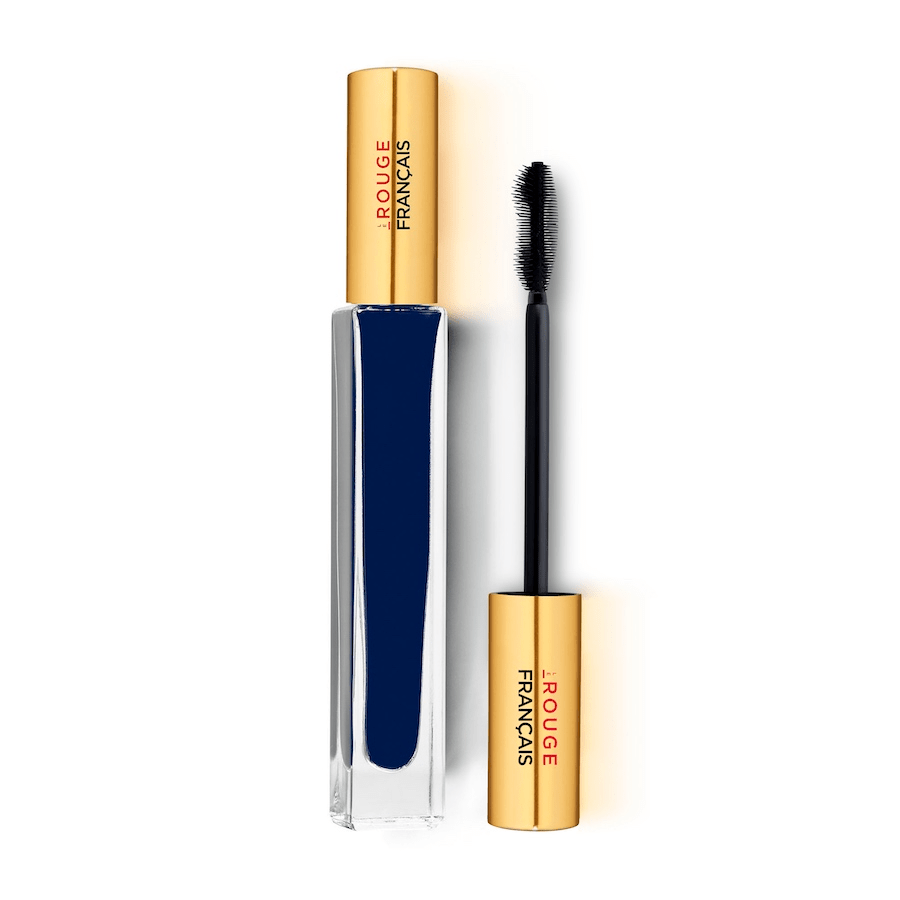 Le Bleu BÉRÉNICE No 420 Mascara Glasflasche steht neben der Silikonwimperbürste vor weißem Hintergrund.