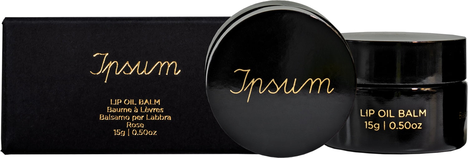 Schwarzer Ipsum Lip Oil Balm Tiegel mit schwarzer Verpackung vor weißem Hintergrund.
