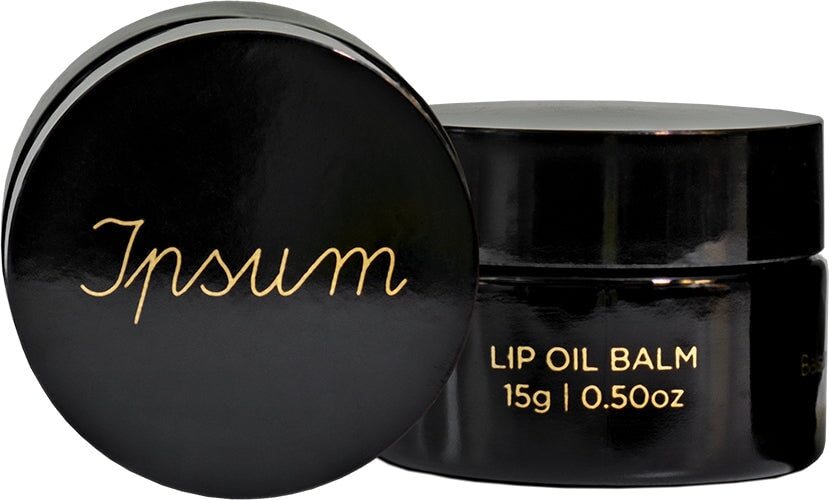 Schwarzer Ipsum Lip Oil Balm Tiegel vor weißem Hintergrund.