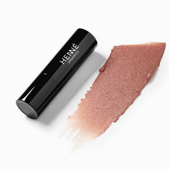 Schwarzer Lippenstift mit Farb- und Texturbeispiel der Farbe Bare von Henné Organics.