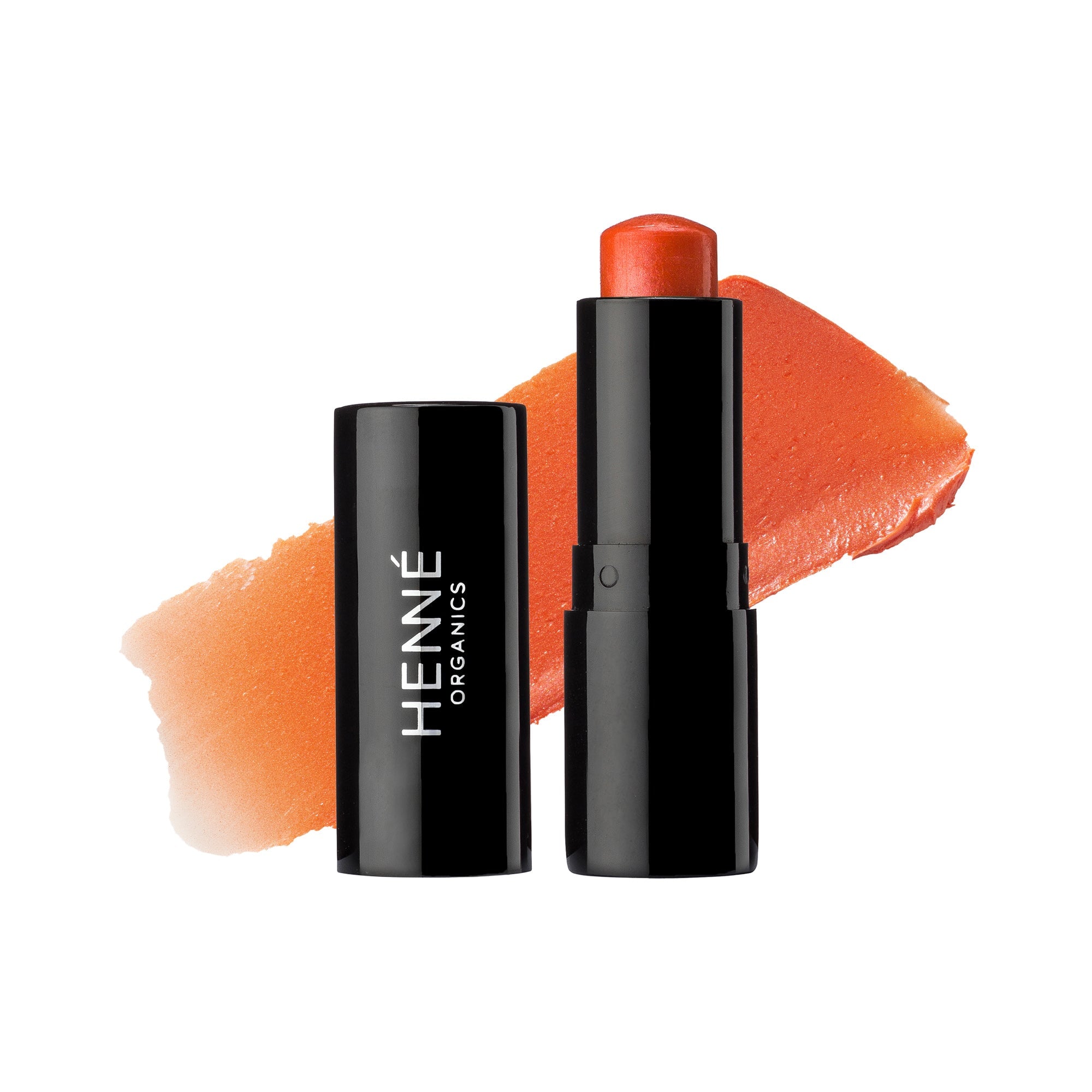Schwarzer Lippenstift mit Farb- und Texturbeispiel der Farbe Coral von Henné Organics.