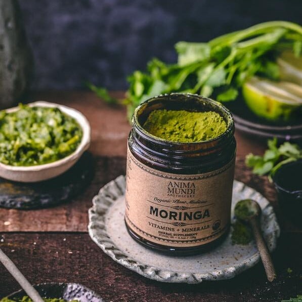 Offenes Schraubglas Anima Mundi Moringa steht auf einem Teller, Glas ist gefüllt mit grünem Pulver, im Hintergrund grüne Blätter und aufgeschnittene Zitrone.