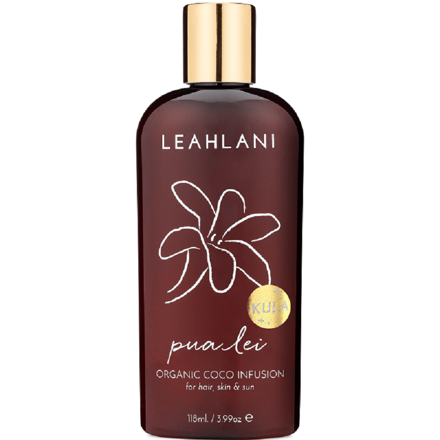 Leahlani Pua Lei Körper Öl Flasche vor weißem Hintergrund