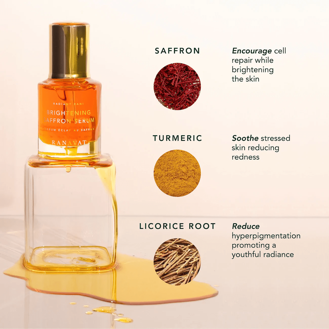 Ranavat Brightening Saffron Serum Flakon auf Glas auf hellem Hintergrund mit beschreibung der Inhaltsstoffe
