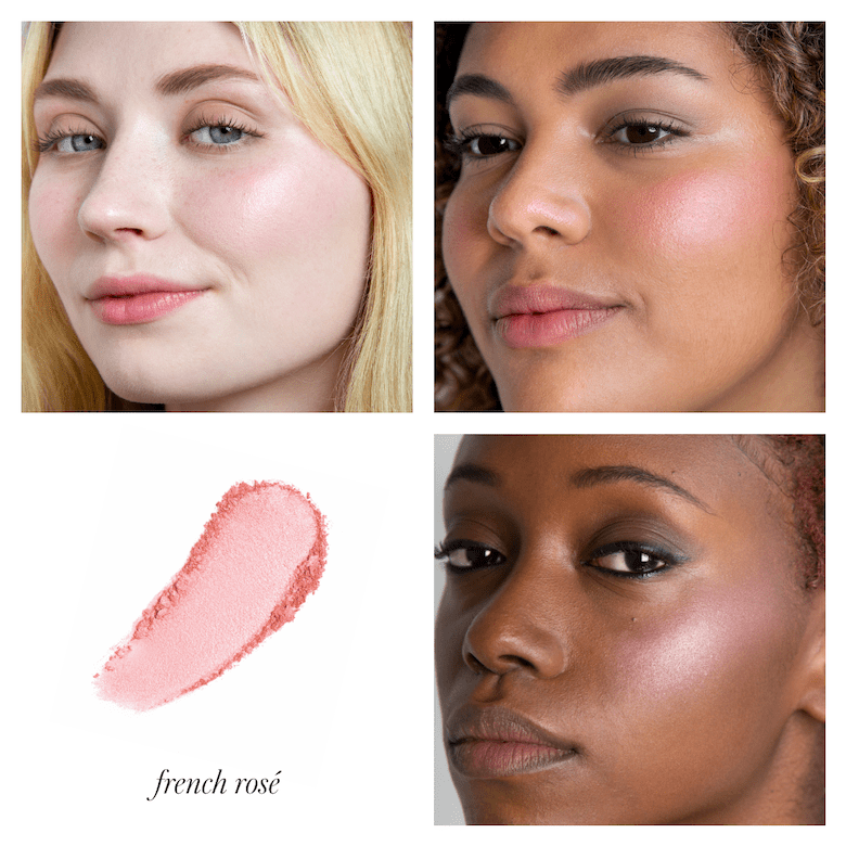 Bild in 4 Quadrate geteilt, 3 mit verschiedenen Frauengesichtern mit Farbbeispiel RMS Blush French Rosé und ein Farb- und Texturbeispiel.