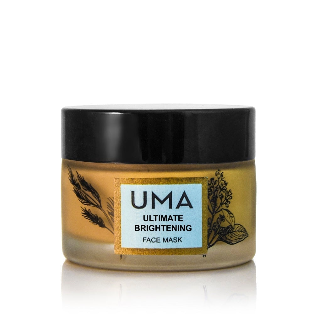 UMA Ultimate Brightening Face Mask Schraubglas mit schwarzem Deckel steht vor weißem Hintergrund.
