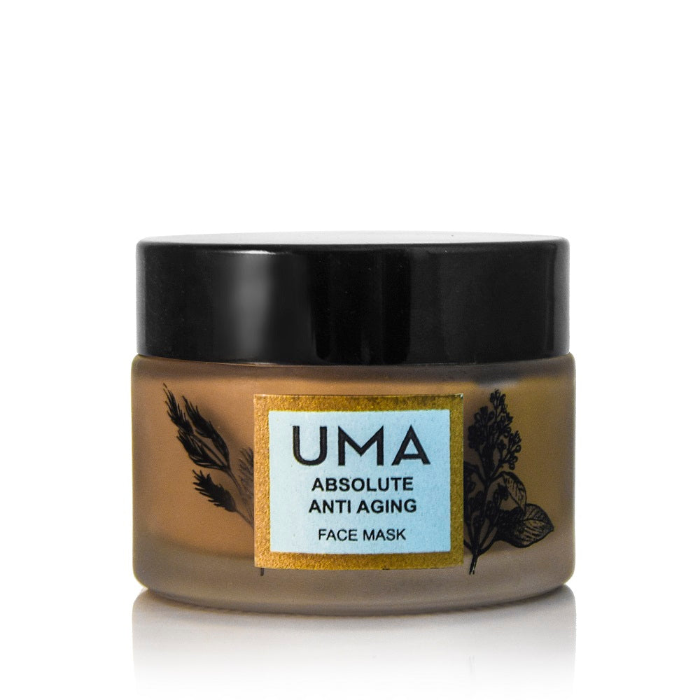 UMA Absolute Anti Aging Face Mask Schraubglas mit schwarzem Deckel steht vor weißem Hintergrund.