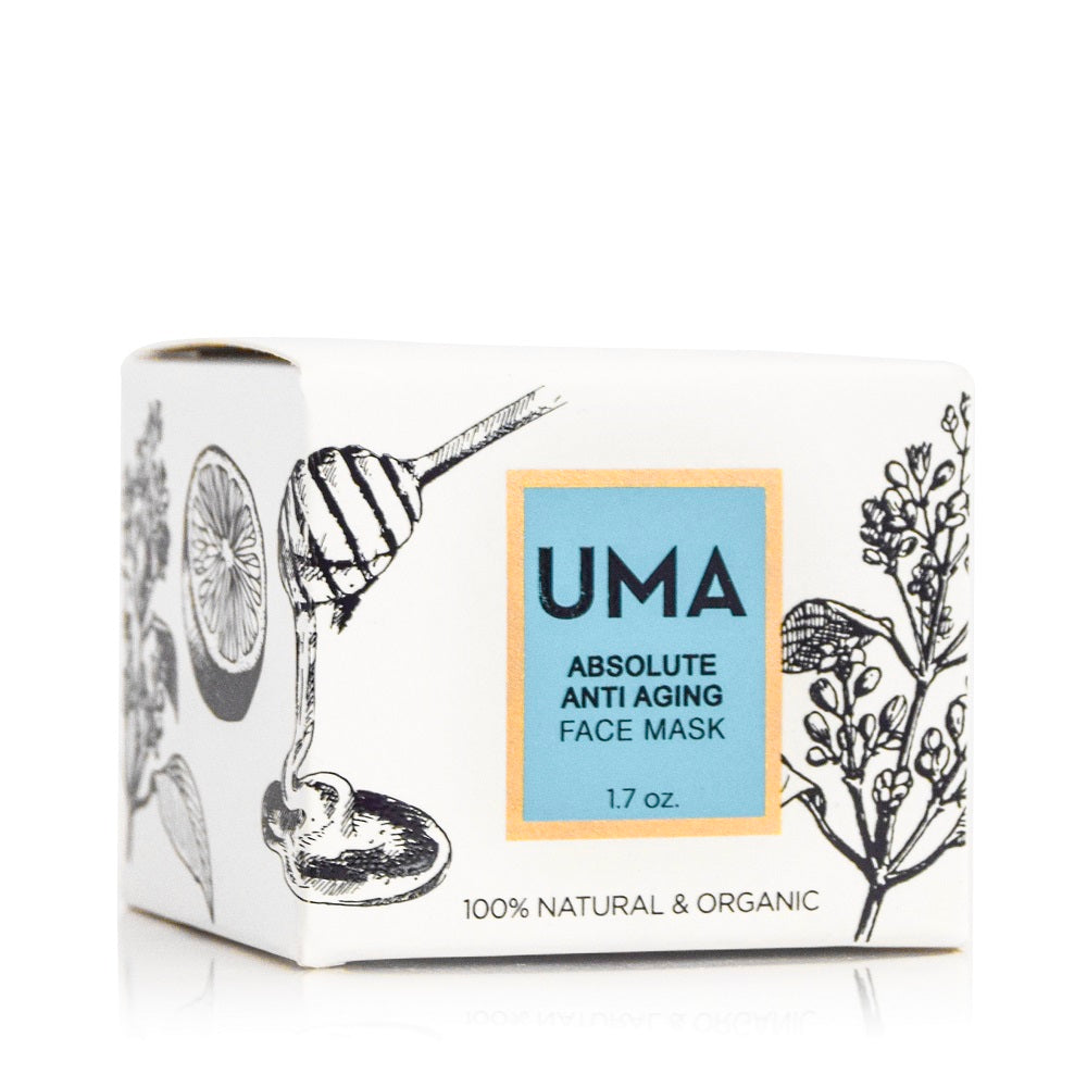 UMA Absolute Anti Aging Face Mask Verpackung steht vor weißem Hintergrund. North Glow