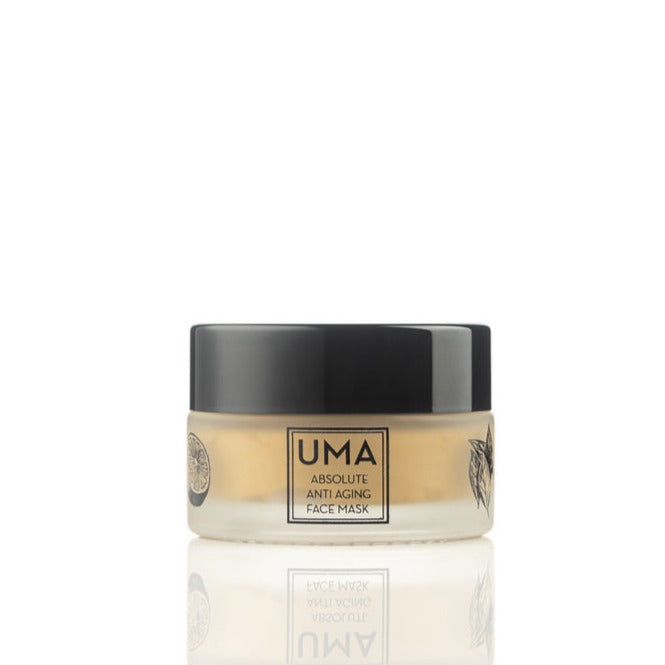 UMA Absolute Anti Aging Face Mask Schraubglas mit schwarzem Deckel steht vor weißem Hintergrund. North Glow