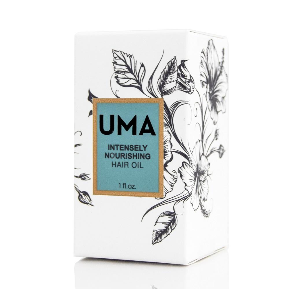 UMA Intensely Nourishing Hair Oil Verpackung steht vor weißem Hintergrund. North Glow