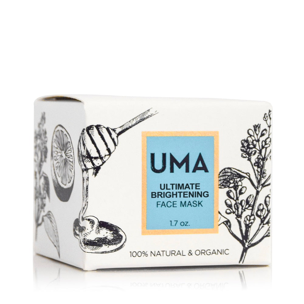 UMA Ultimate Brightening Face Mask Verpackung vor weißem Hintergrund. North Glow