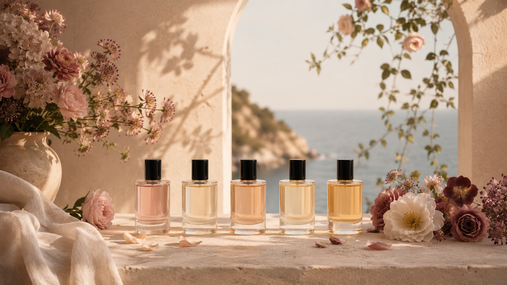 Floral Depth Duftwelt mit eleganten Blüten, warmem Abendlicht, mediterraner Küstenstimmung und modernen floralen Nischendüften voller Tiefe und Sinnlichkeit