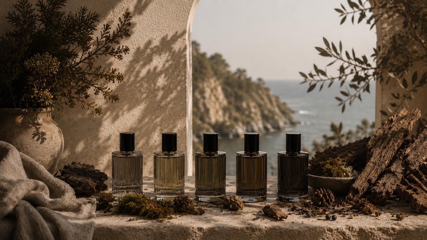 Quiet Woods Duftfamilie mit fünf Parfumflakons, verwittertem Holz, Moos, Tannenzapfen und natürlichen Waldnoten in einer ruhigen mediterranen Kulisse mit Blick auf die Küste