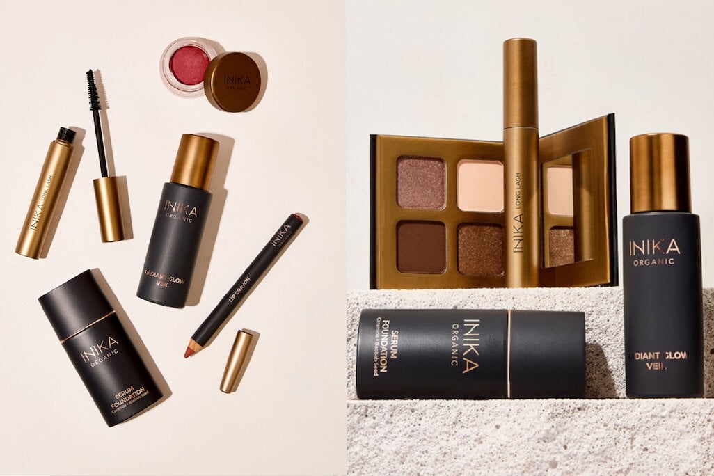 Zweigeteiltes Bild, links offene Mascara, Kajalstift und Rouge, rechts offene Highlighter Palette und 2 INIKA Flaschen.