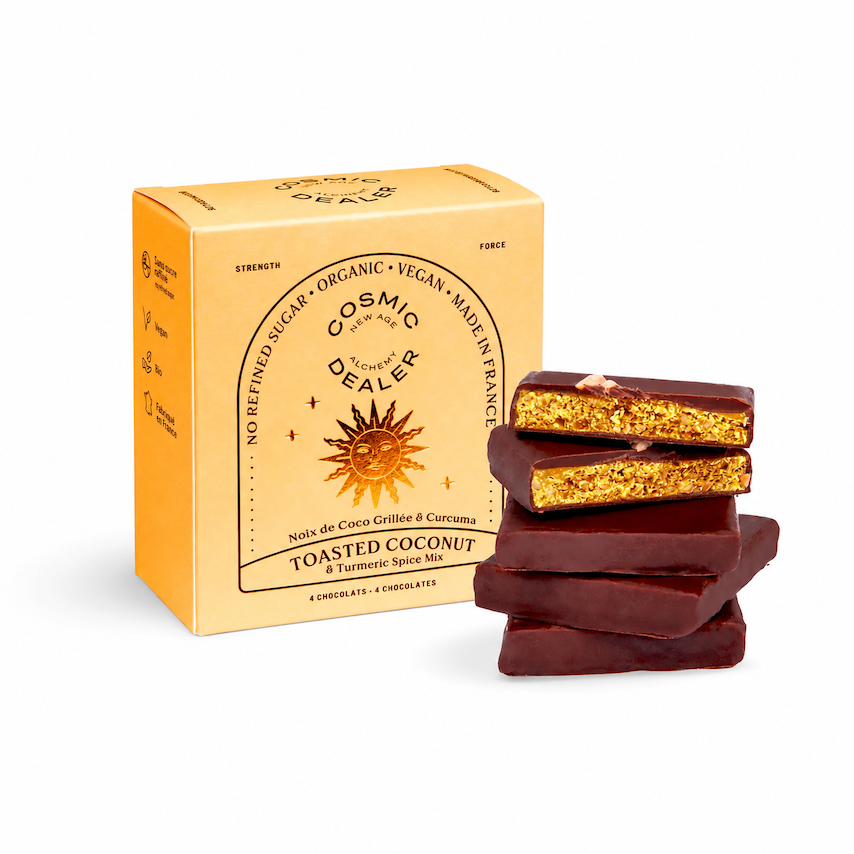 TOASTED COCONUT with Tumeric Spice Mix - Box of 4 Chakra Chocolate -COSMIC DEALER