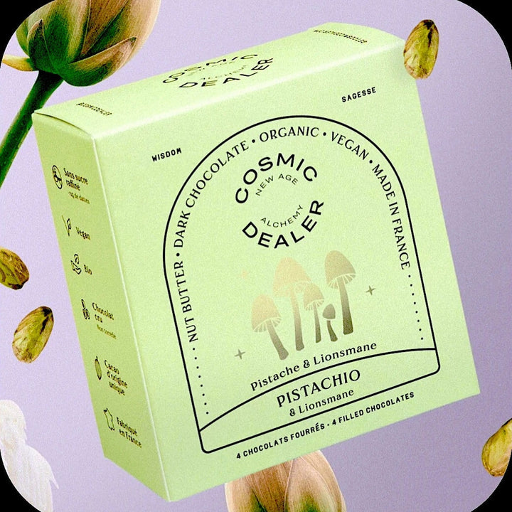 4er Box Chakra Schokolade mit 🍵 Pistachio & Lion's Mane - Cosmic Dealer