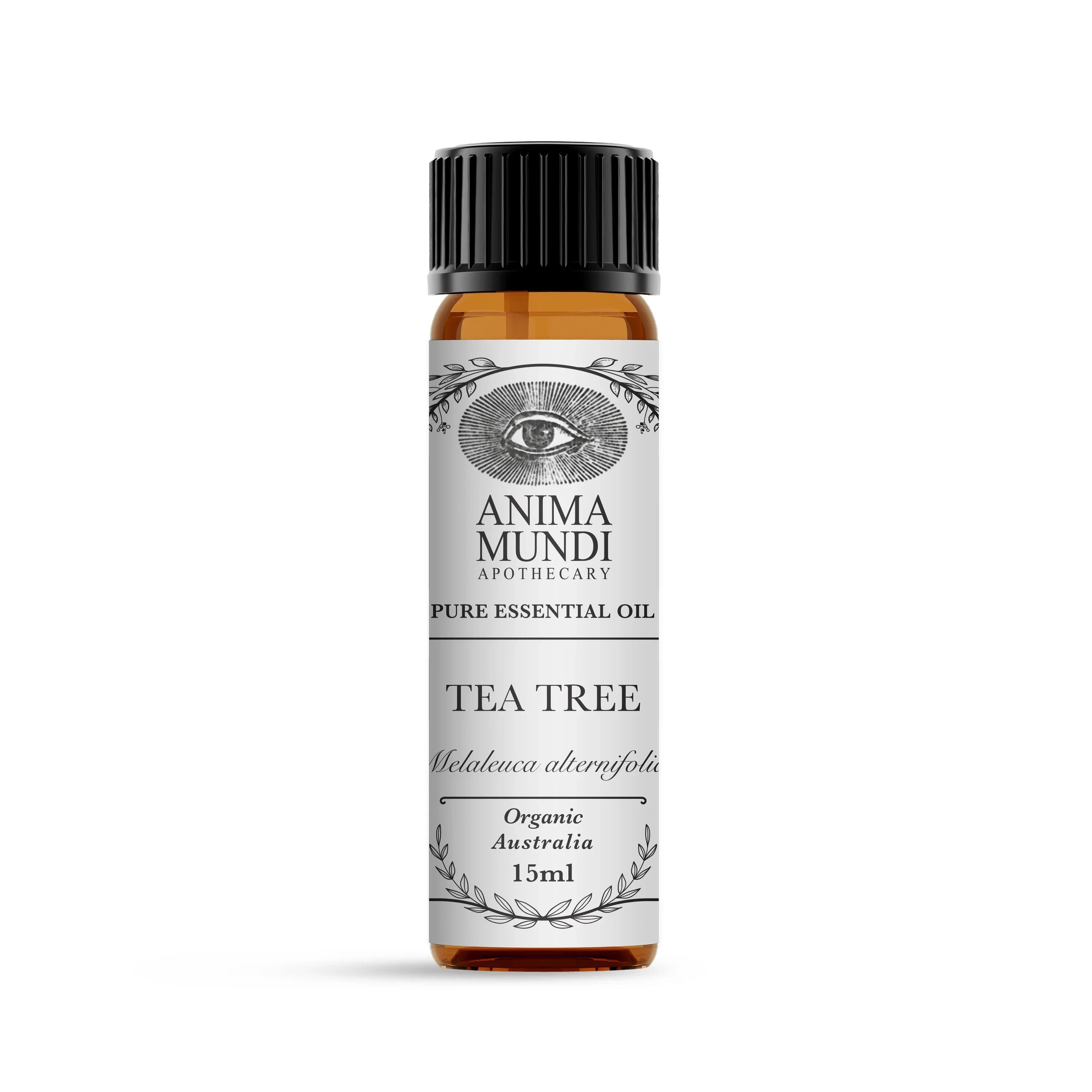 Bio Tea Tree Essential Oil 15 ml freigestellt auf weißem Hintergrund.