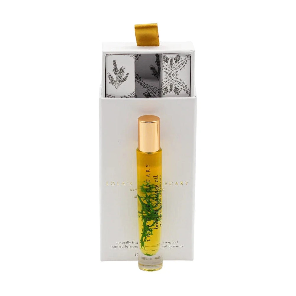 Breath of Clarity body & massage oil - Glasflasche mit goldenem Deckel vor< weißer Geschenkverpackung