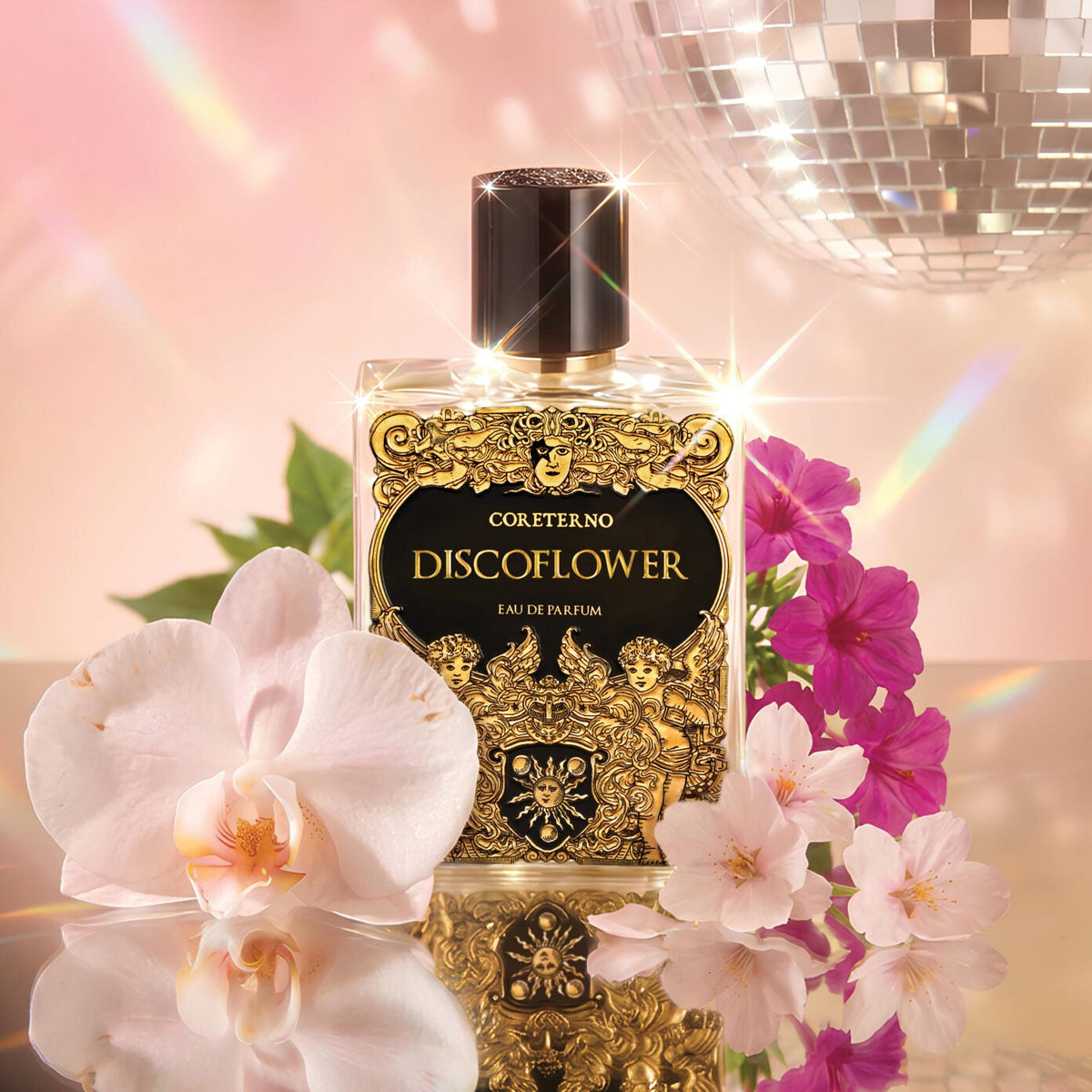 Coreterno Disco Flower Eau de Parfum, umrahmt von Blumen und einer Discokugel.