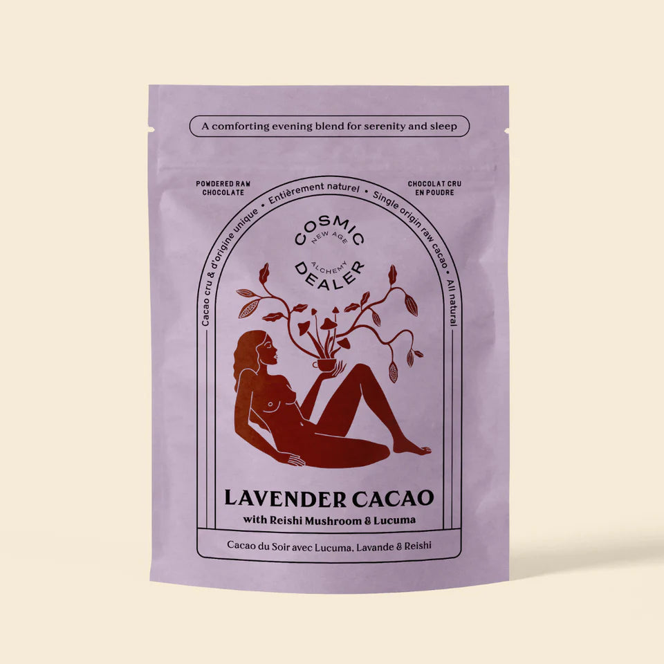 Eine Packung Lavender Cacao von Cosmic Dealer vor hellem Hintergrund. North Glow