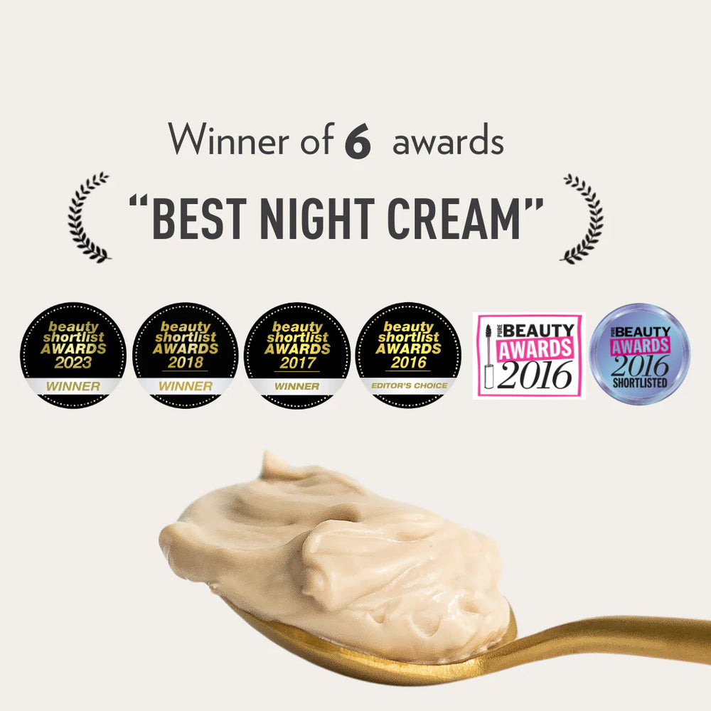 Text "Winner of 6 awards "Best Night Cream", darunter Auszeichnungen und ein goldener Löffel gehäuft mit Gesichtscreme.