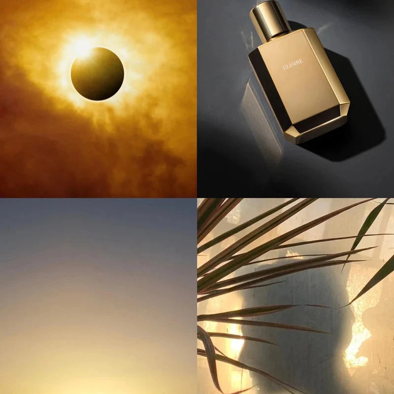 Bildcollage von einer Sonnenmondfinsternis, dem Desired Pafum, einem Sonnenuntergang und Lichtstrahlen