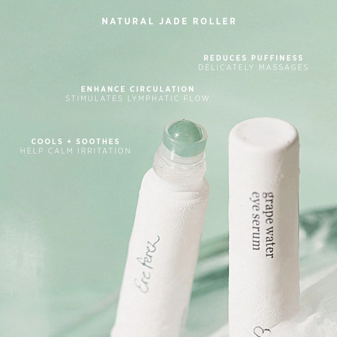 Grape Water Eye Serum von Ere Perez mit kühlendem Jade-Roller-Applikator mit Beschreibung der Vorteile. North Glow