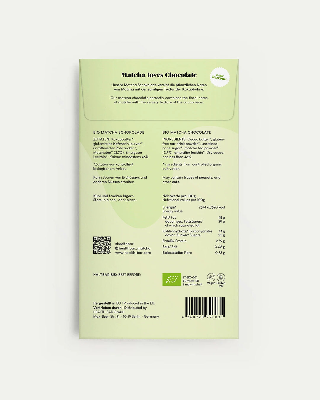 Hellgrüne Verpackung Matcha Schokolade, Rückseite. North Glow