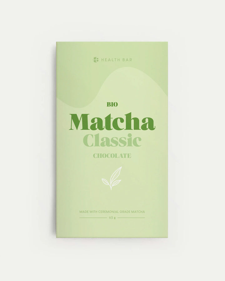 Hellgrüne Verpackung "Bio Matcha Classic Chocolate".